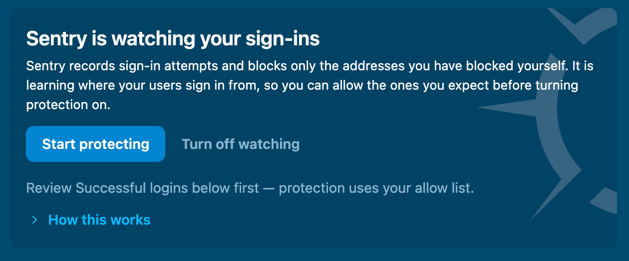Sentry Firewall mode banner in the WordPress plugin